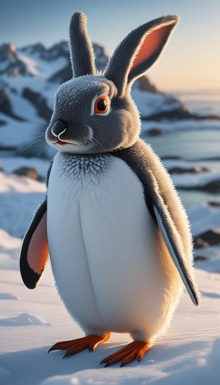 Great image quality, masterpiece, best image quality, super detailed, ultra detailed, UHD, HDR, DOF, depth of field, a cross between a rabbit and a penguin, a  of a fictional very cute creature living on the coast of Antarctica, with the long ears of a rabbit and the smooth body of a penguin, bouncing through the snow, entire body