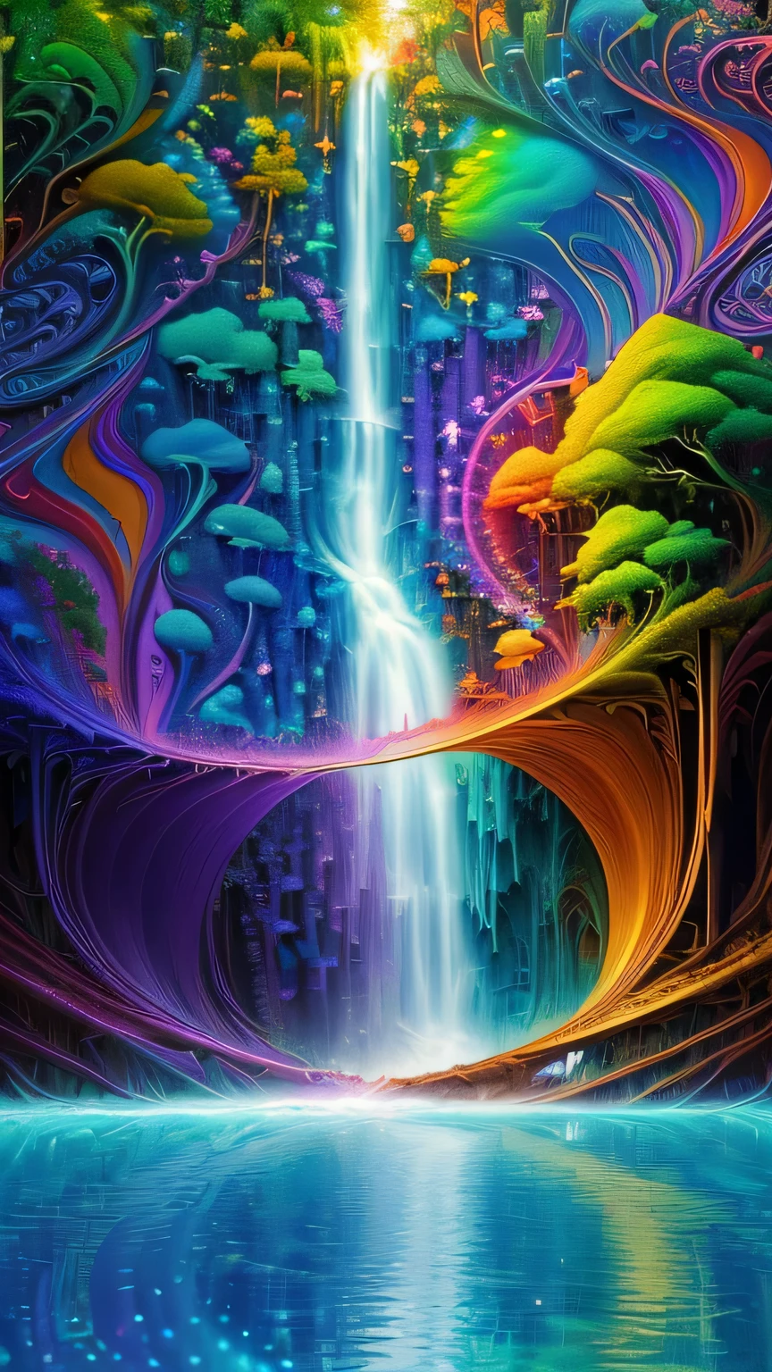 ((surrealism style)), (colorful magical energy flowing through the air, repeating fractal patterns, trippy:1.5), (rickety wooden building:1.1), (by a vast water fall in the dense jungle:1.3),, ((best quality)), ((masterpiece)), ((ultra realistic)), beautiful intricately detailed soft oil painting,