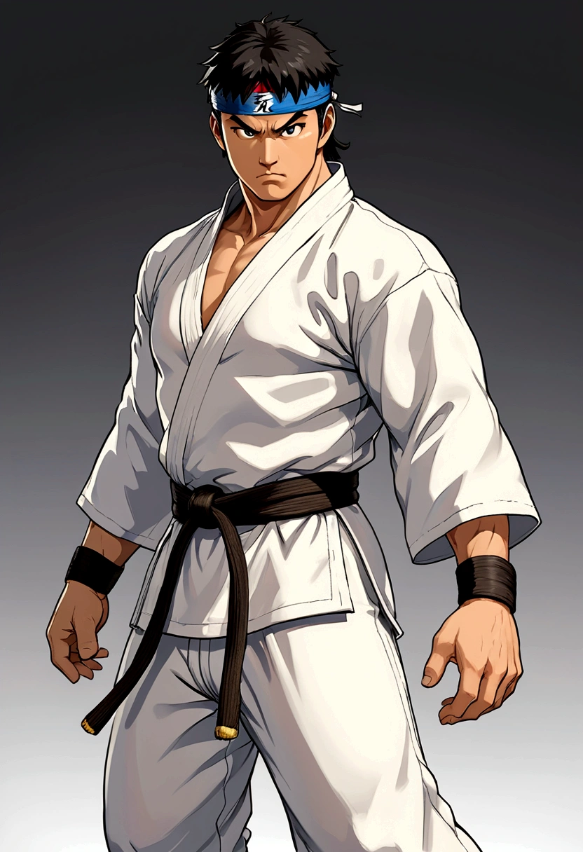 Create a full-body image of Ryu from Street Fighter wearing his iconic solid white kimono, facing forward. The belt of his kimono should already have the name 'Tawkedow' clearly written on it. The background should be white, highlighting Ryu in a dynamic and powerful pose, ready for battle. His black hair should be clearly visible, and his expression should be intense and focused.