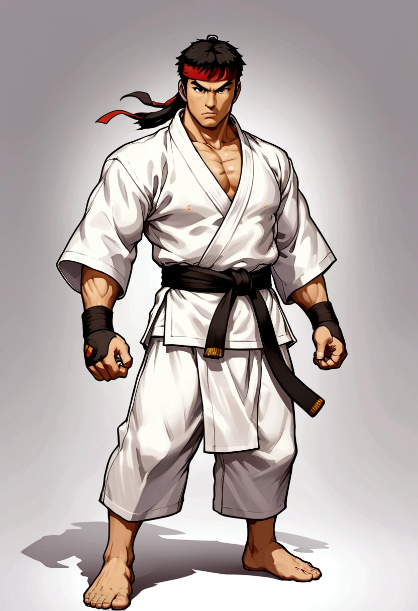 Create a full-body image of Ryu from Street Fighter wearing his iconic solid white kimono, facing forward. The belt of his kimono should already have the name 'Tawkedow' clearly written on it. The background should be white, highlighting Ryu in a dynamic and powerful pose, ready for battle. His black hair should be clearly visible, and his expression should be intense and focused.