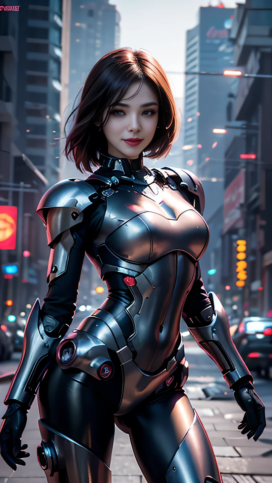 1girl,solo,(bright red lips,eyeliner,blush:0.9),small breasts,(nice breasts),happy,smile,((front to viewer)),nsfw,pose,cowboy shot,dynamic pose, mecha,full armor,cyberpunk city night,dark theme,rim lighting, masterpiece,official art,best quality,ray tracing,volumetric light,realistic,photorealistic,ultra highres,vivid,nostalgia,bokeh,