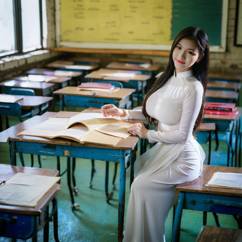 ((Ao Dai, fat, big breasts, beautiful breasts, sitting on a chair in the classroom, 8k quality photo with good details))