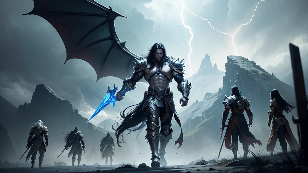 In the center of the scene, a metallic hero with long black hair and armor adorned with spikes and skulls stands victorious. He wields the sword "gram", that shines with an unearthly light, reflecting your determination and strength.

At his feet lies the gigantic body of a defeated white dragon, whose scales shine like snow in the moonlight. The Eyes of the Dragon, that once shone with intelligence and power, now they are opaque, and your wings are spread on the ground, marked by the scars of an intense battle.

The scenery in the background, with stormy clouds and lightning, adds a sense of urgency and tension to the scene.