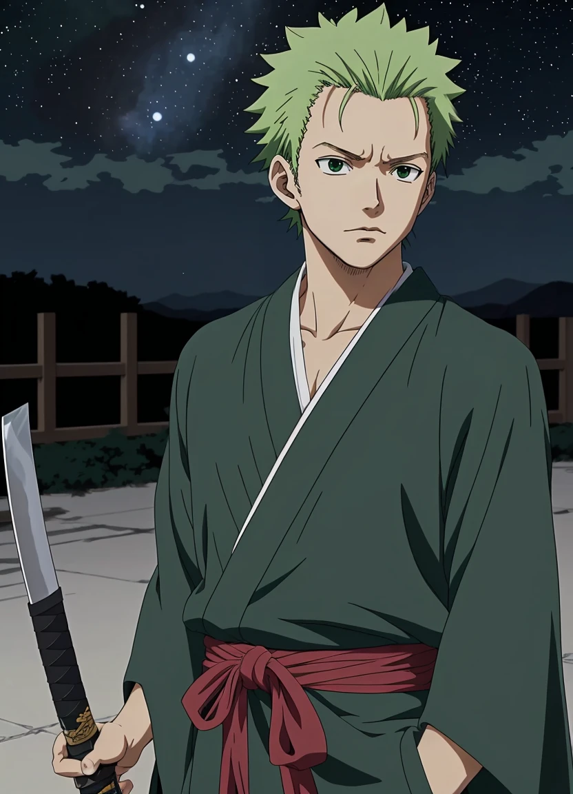 (anime coloring, anime screencap, Toei Animation, mappa, anime style), 1boy, zoro, green kimono, black sash, paired with a black and green jacket, white katana tied to his waist, dark background, upper body, (closed mouth:1.2), looking at viewer, blue theme, stars, starry night, (masterpiece)