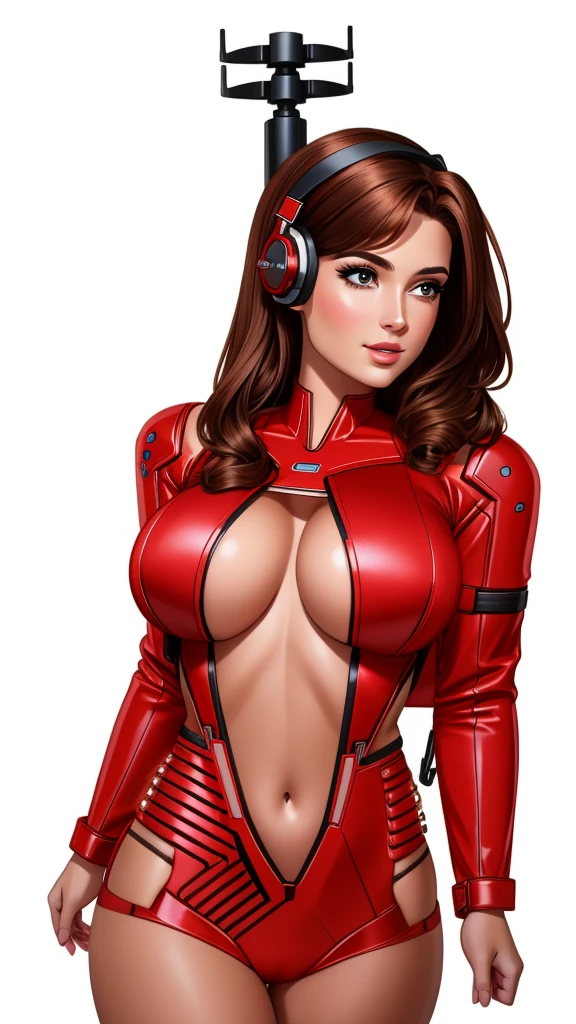 gorgeous woman, brown hair, red bodysuit, navel, cleavage cutout, mechanical antenna interface headset, looking at viewer,
blank background, white background,