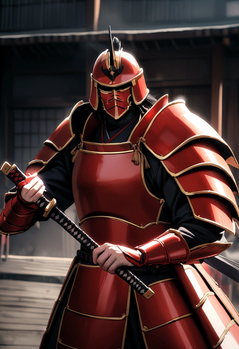 A samurai in red armor with black accents between the plates and with a red katana in his hand 
