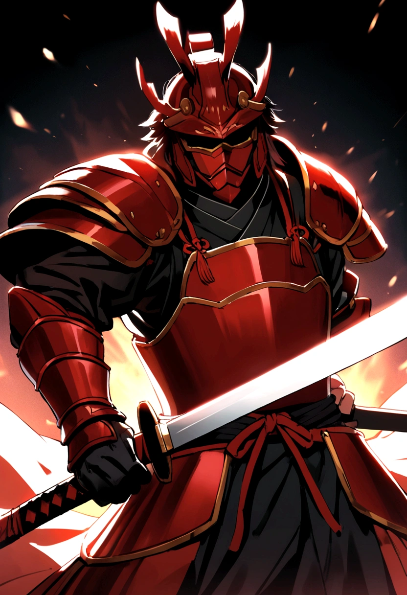 A samurai in red armor with black accents between the plates and with a red katana in his hand