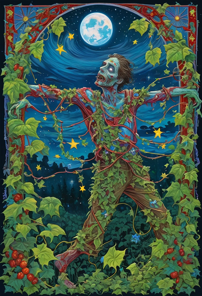  A zombie entangled in ivy, dream under the summer starry sky, Russian paraphernalia, from the shoulder, Very colorful,
 Best Improvisation,  ((Mordecai-Ardon style!)), ((perfect full body detail)), magic naive art, primitivism, protogen, crimson
, ((best quality, Masterpiece)), ((Highest detail)), RAW:1,1, 8k