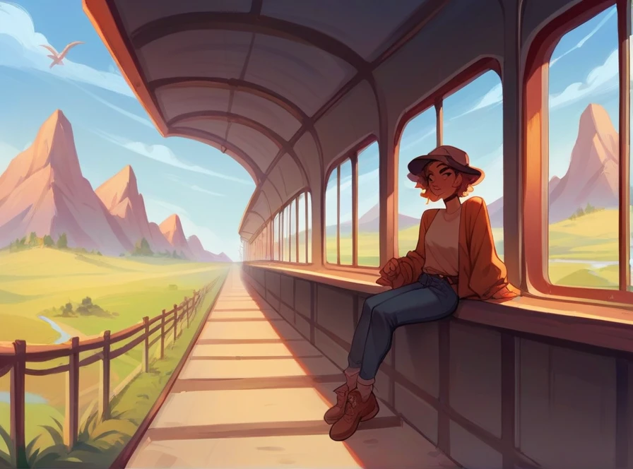 Create a girl sitting on a top of train which passes through a hill station with valleys in surrounding & clouds in sky with beautiful weather & in valley's water write '' Happiest b'day SARA "