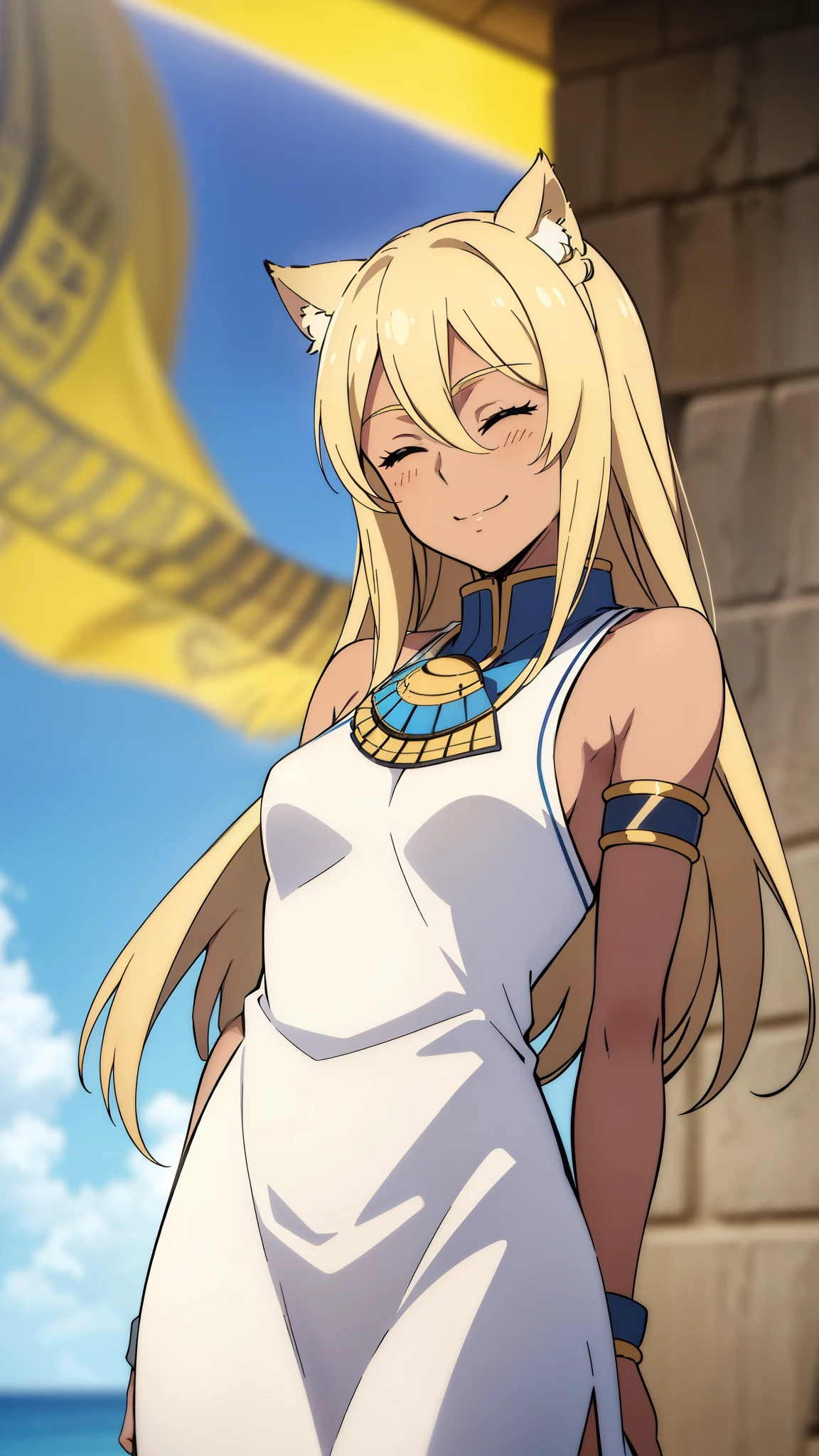 (1girl ,solo,20s,mature female),blonde hair,long hair,cat ears,closed eyes,(((dark skin))),(Egypt, blue sky, sun),white egypt oufit,bare shoulders,looking at view,smile