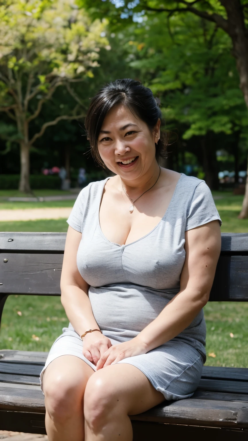 8k wallpaper, masterpiece, Highest quality, Super detailed, One Mature Woman, 50 years old, Become very clear, Wearing short sleeves, Skin dents, Captivating smile, Looking at the audience, Cleavage, plump, Curvaceous, Fascinating face, Smiling with teeth showing, Wrinkles around the eyes, Sitting on a park bench, Background Blur