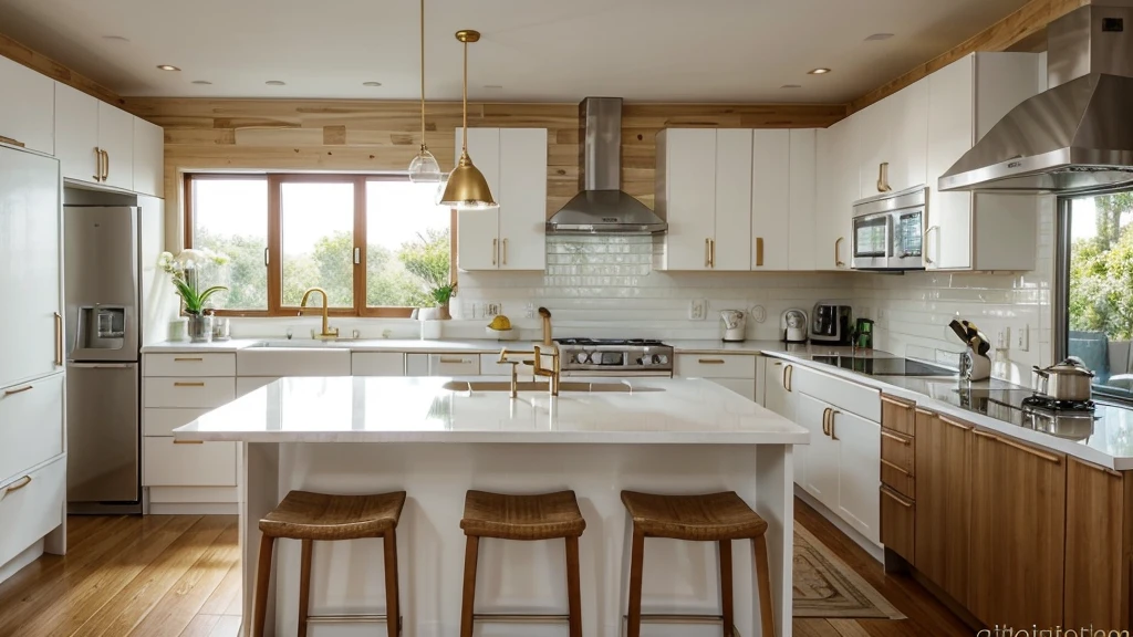a modern kitchen with white cabinets and a large island that has a breakfast bar with three stools. The island has a wood countertop and the stools are light beige with gold frames. The kitchen has white subway tile backsplash and a stainless steel stovetop. A window is behind the sink with a view of the outside. The top of the island has various decor items, including a teacup, a teapot, a basket, and a napkin. The kitchen has a modern feel and is well-lit. The image is a beautiful representation of a modern kitchen design. There are plants hanging in the kitchen which adds to the homey feel of the space.