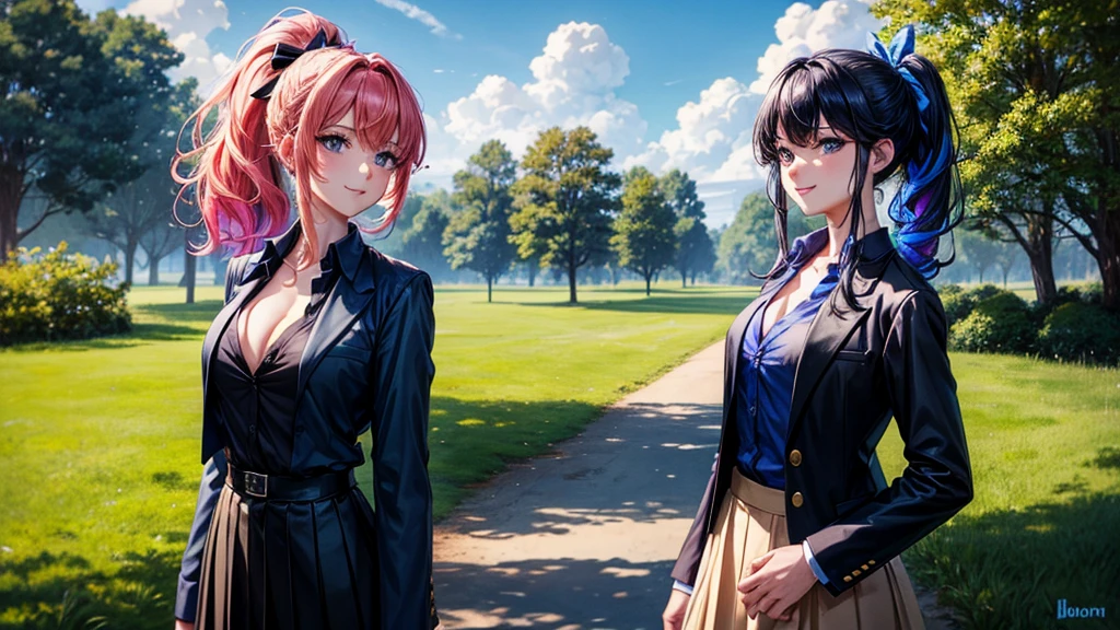 1girl, solo, summer, village, trees, sun, clouds, fantasy, ((colorful hair)), curly hair, ponytail, big full breasts, ((black blazer)), button down shirt, ((blue shirt)), ((short sleeved shirt)), ((unbuttoned shirt)), unbuttoning buttons, cleavage 1:3, blue eyes, skirt, smile, looking at the viewer, standing, hair ribbon, golden necklate