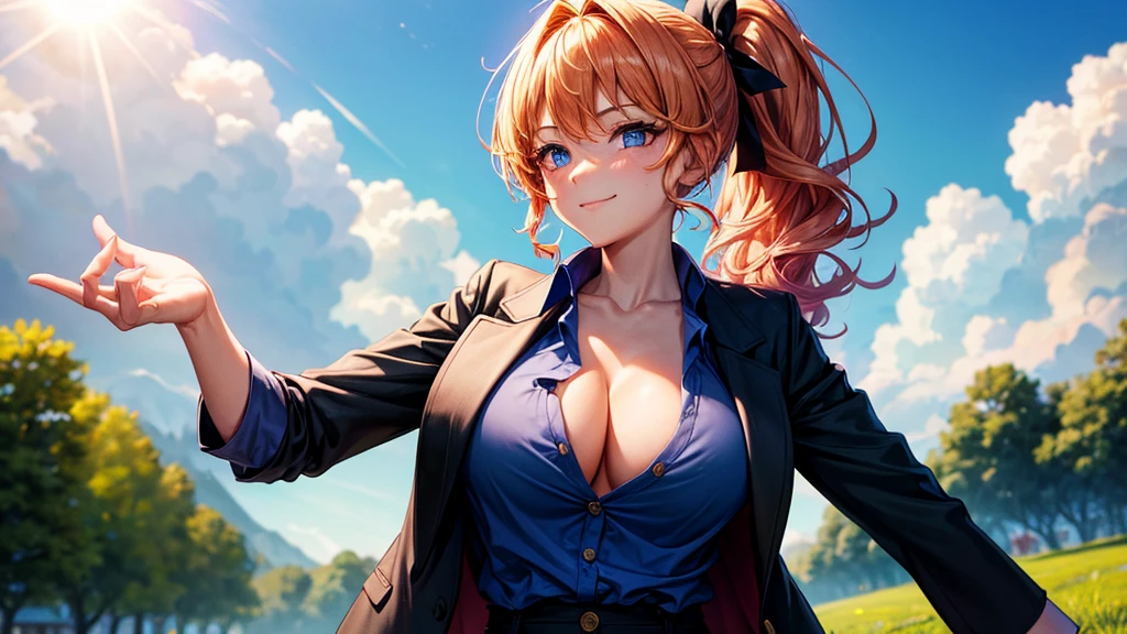1girl, solo, summer, village, trees, sun, clouds, fantasy, ((colorful hair)), curly hair, ponytail, big full breasts, ((black blazer)), button down shirt, ((blue shirt)), ((short sleeved shirt)), ((unbuttoned shirt)), unbuttoning buttons, cleavage 1:3, blue eyes, skirt, smile, looking at the viewer, standing, hair ribbon, golden necklate