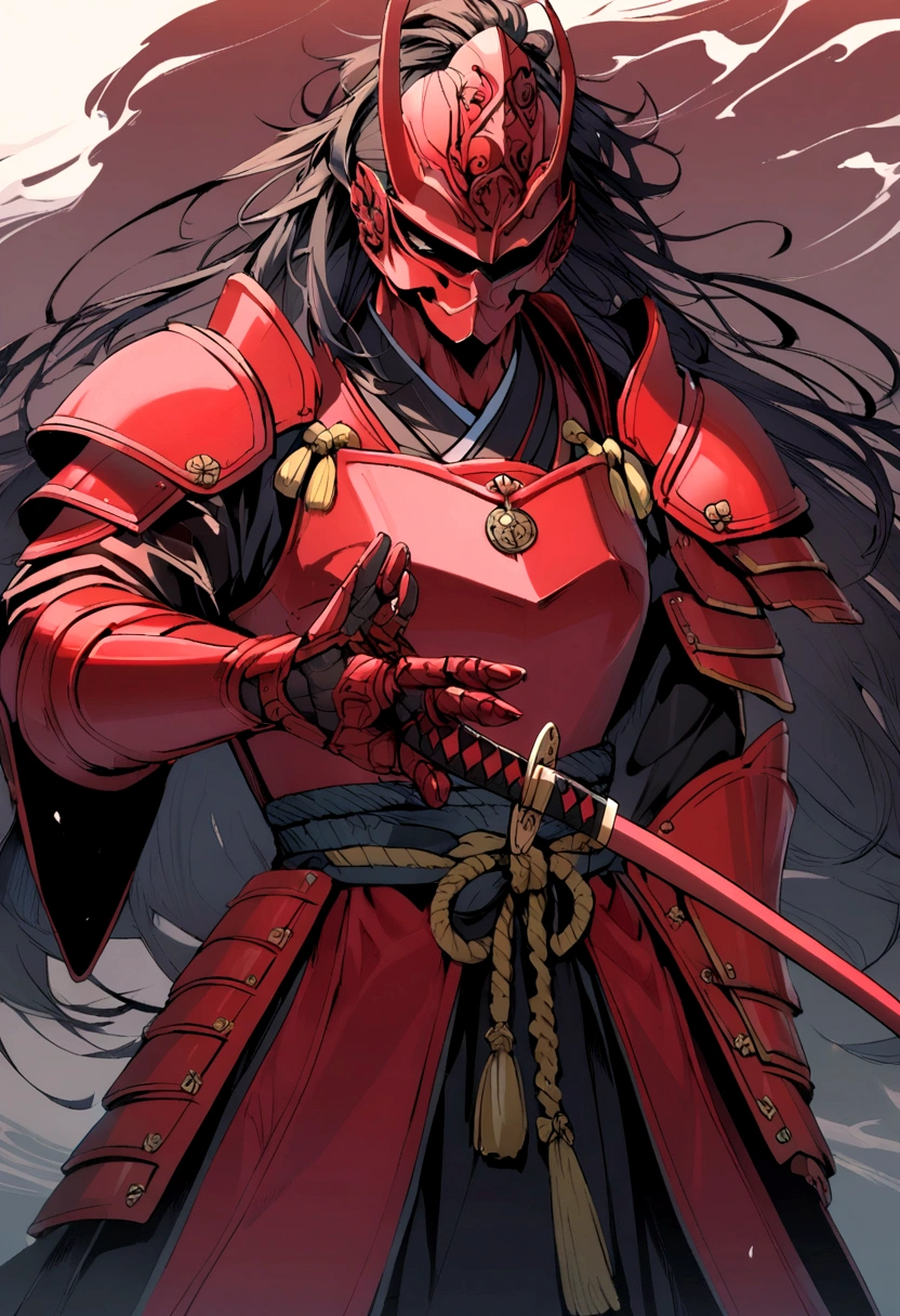 A samurai in red armor with black accents between the plates and with a red katana in his hand 