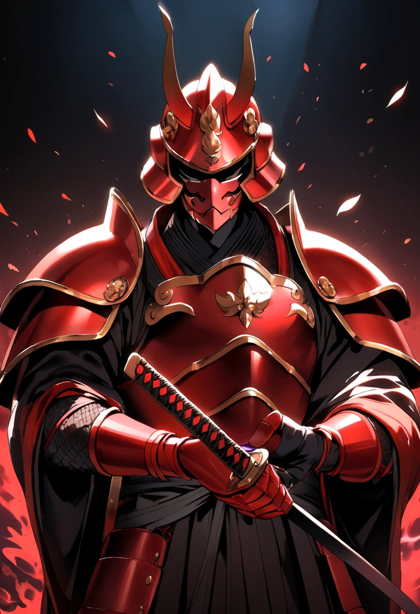 A samurai in red armor with black accents between the plates and with a red katana in his hand
