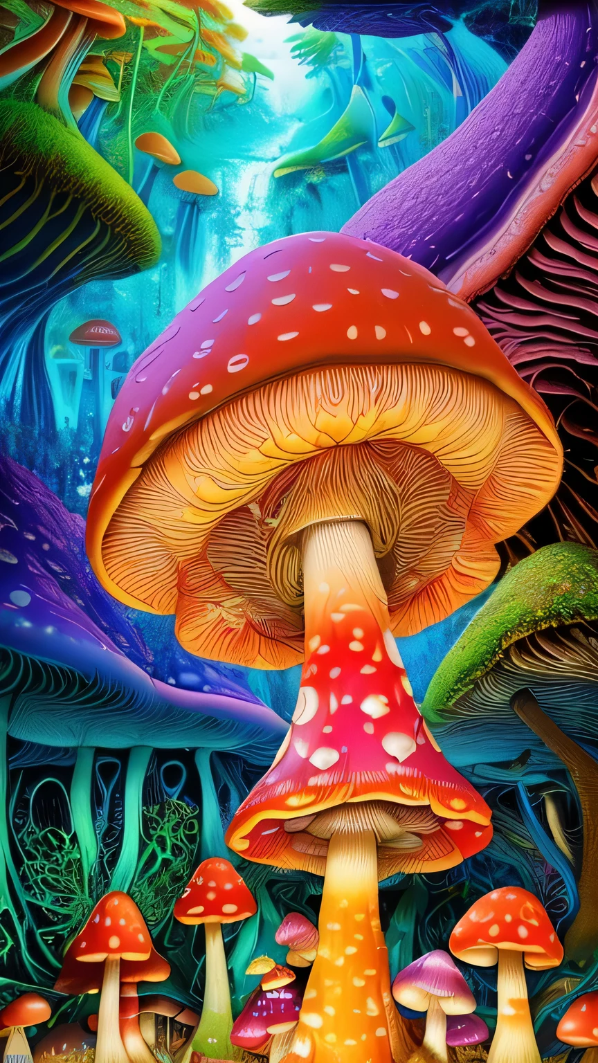 ((surrealism style)), (colorful magical mushrooms energy flowing through the air, repeating fractal patterns, trippy:1.5), (rickety wooden building:1.1), (by a vast water fall in the dense jungle:1.3),, ((best quality)), ((masterpiece)), ((ultra realistic)), beautiful intricately detailed soft oil painting,