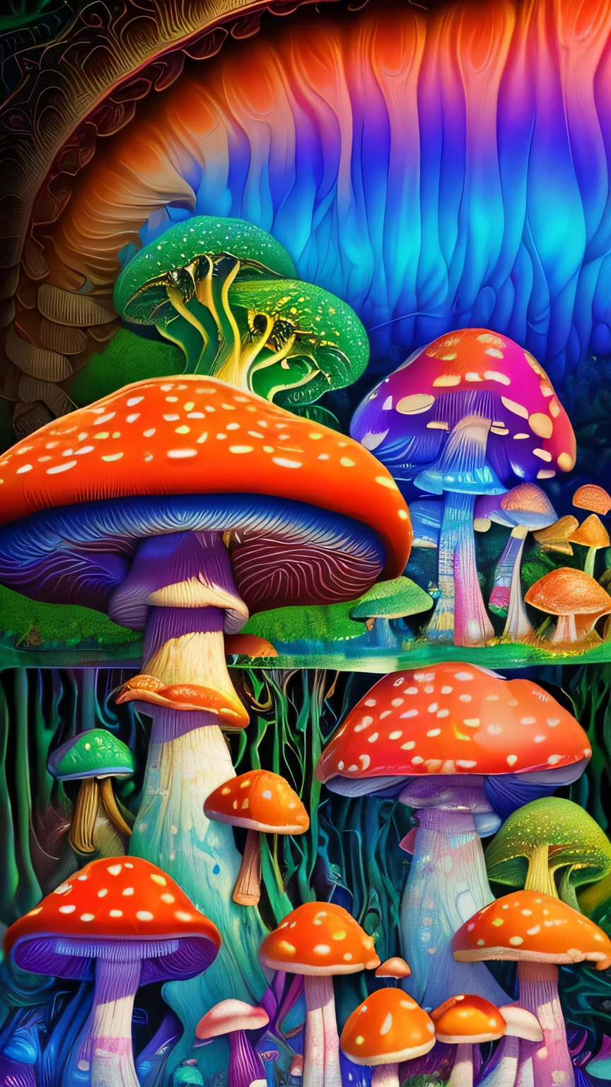 ((surrealism style)), (colorful magical mushrooms energy flowing through the air, repeating fractal patterns, trippy:1.5), (rickety wooden building:1.1), (by a vast water fall in the dense jungle:1.3),, ((best quality)), ((masterpiece)), ((ultra realistic)), beautiful intricately detailed soft oil painting,