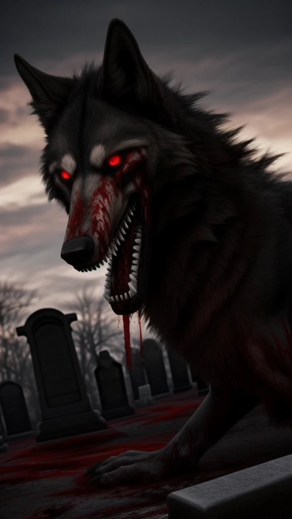 Death wolf looking at the viewer with a lot of hatred in his bright and dark red eyes full body covered in blood scary threatening smile sharp teeth covered in blood car very bizarre and disturbing at the same time a weird background of a cemetery covered in blood ultra realistic digital art in 3D full HD super high resolution