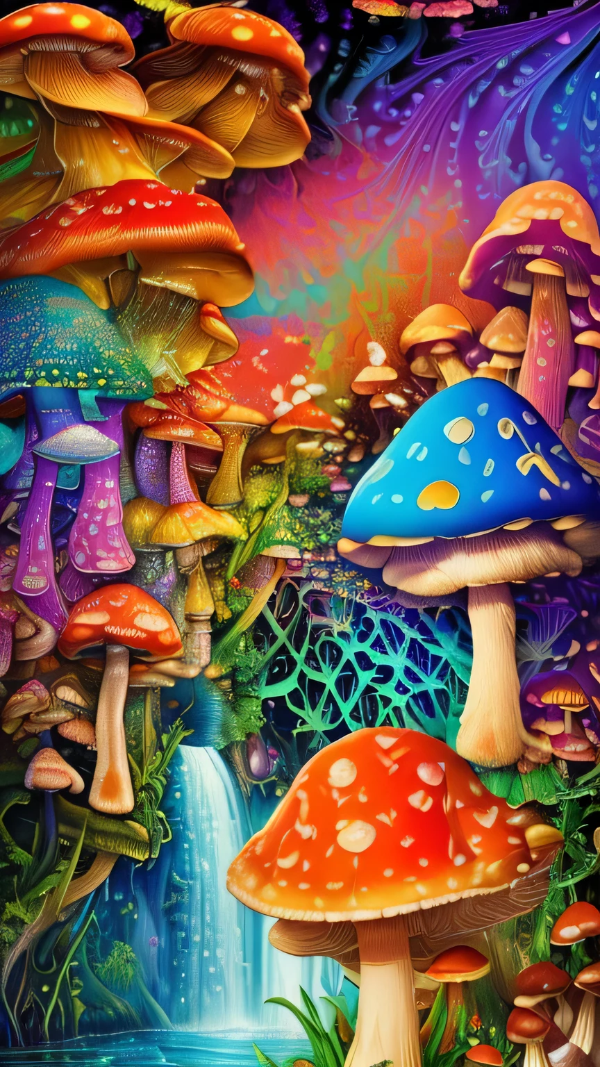 ((surrealism style)), (colorful magical mushrooms energy flowing through the air, repeating fractal patterns, trippy:1.5), (rickety wooden building:1.1), (by a vast water fall in the dense jungle:1.3),, ((best quality)), ((masterpiece)), ((ultra realistic)), beautiful intricately detailed soft oil painting,