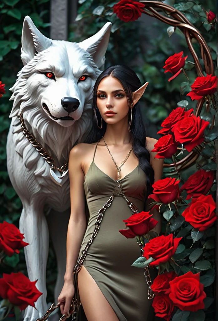 BEAUTIFUL ELF,fully body, (evil expression),(elf ear)short, bodycon dress,pulling a huge wolf by the chain(furry wolf bigger than the elf}red roses around you 