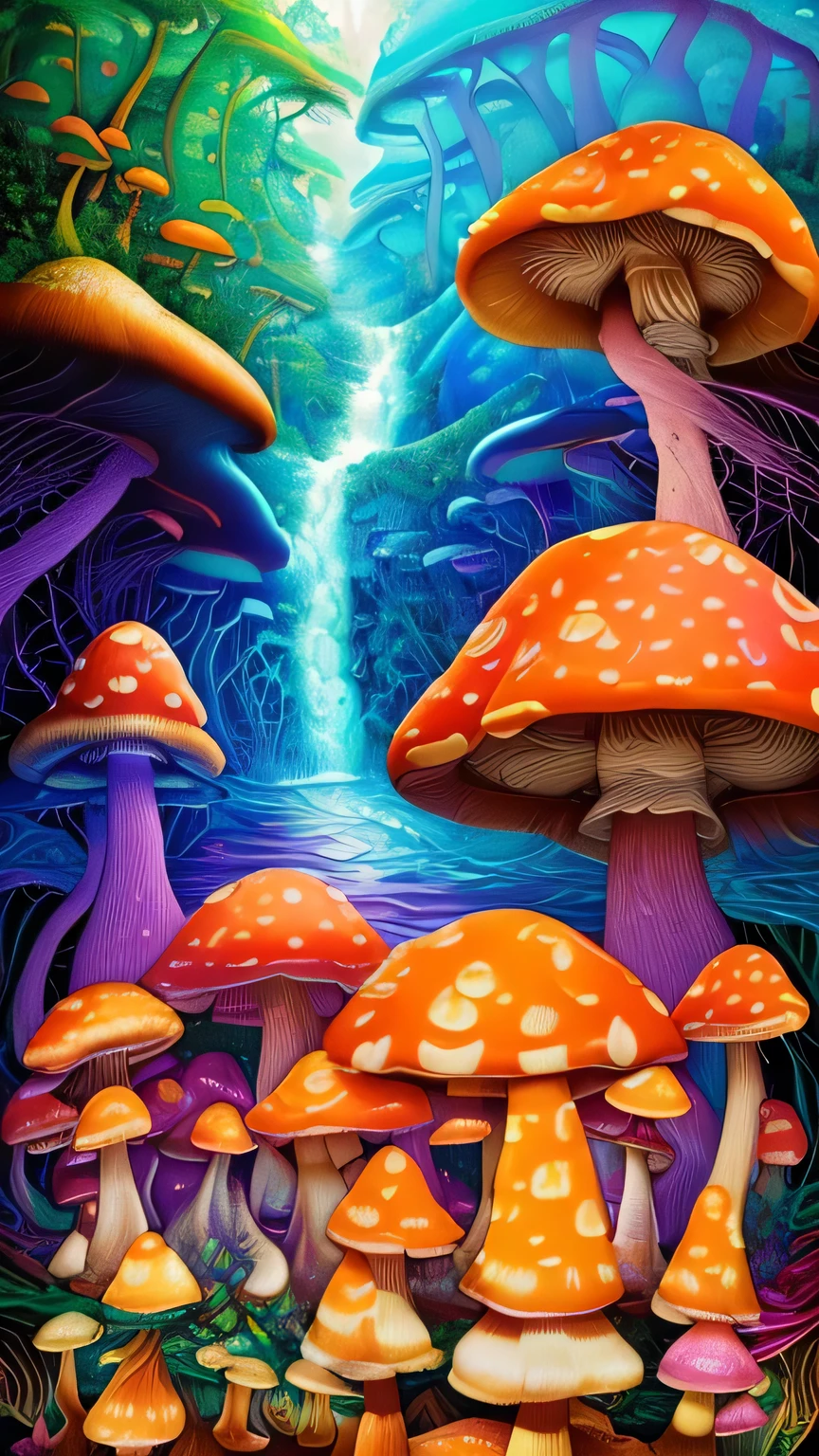 ((surrealism style)), (colorful magical mushrooms energy flowing through the air, repeating fractal patterns, trippy:1.5), (rickety wooden building:1.1), (by a vast water fall in the dense jungle:1.3),, ((best quality)), ((masterpiece)), ((ultra realistic)), beautiful intricately detailed soft oil painting,