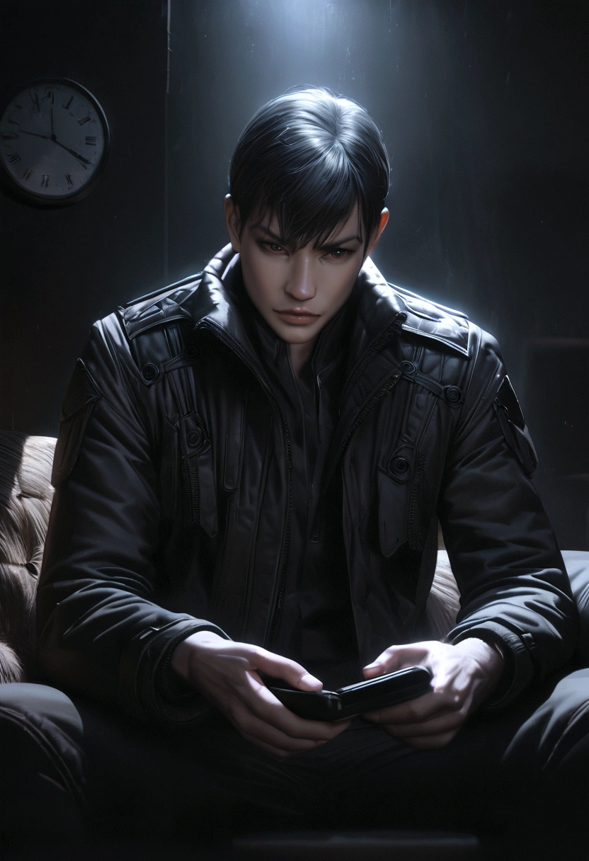 a man Iuri wearing a black tactical jacket, sitting and looking at a wall clock, in the dark living room of his home, with a serious expression looking at his phone, cinematic lighting, dark moody atmosphere, intricate details, hyperrealistic, 8k, photorealistic, dramatic lighting, chiaroscuro, high contrast, dramatic lighting, moody, dark shadows, sharp focus, ultra-detailed, hyper-realistic, dramatic lighting, dark and moody atmosphere, dramatic tone, photorealistic, high quality, detailed environment, intricate details, cinematic, realistic, sharp focus, dramatic lighting, dark moody atmosphere