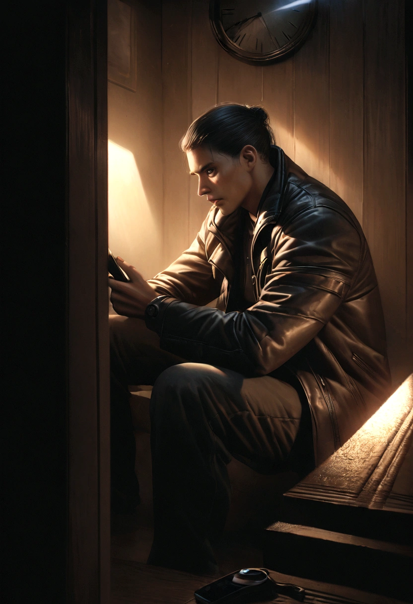 a man Iuri wearing a black tactical jacket, sitting and looking at a wall clock, in the dark living room of his home, with a serious expression looking at his phone, cinematic lighting, dark moody atmosphere, intricate details, hyperrealistic, 8k, photorealistic, dramatic lighting, chiaroscuro, high contrast, dramatic lighting, moody, dark shadows, sharp focus, ultra-detailed, hyper-realistic, dramatic lighting, dark and moody atmosphere, dramatic tone, photorealistic, high quality, detailed environment, intricate details, cinematic, realistic, sharp focus, dramatic lighting, dark moody atmosphere