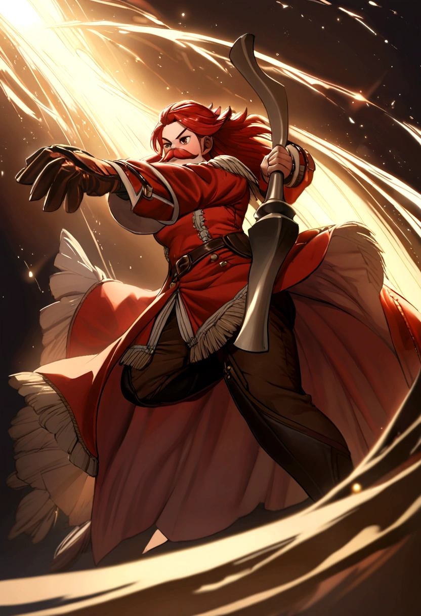 red haired female dwarf with a moustache, swinging a big two handed axe at red mage
