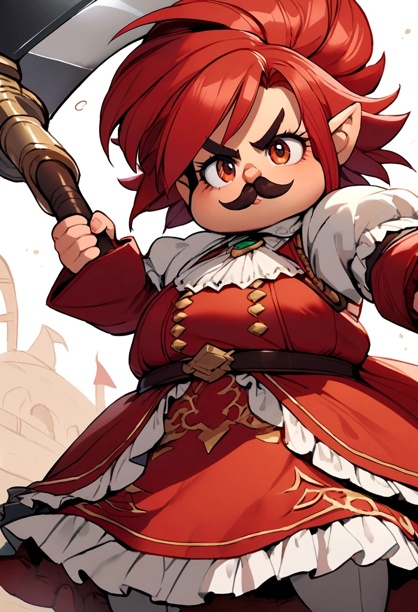 red haired female dwarf with a moustache, swinging a big two handed axe at red mage