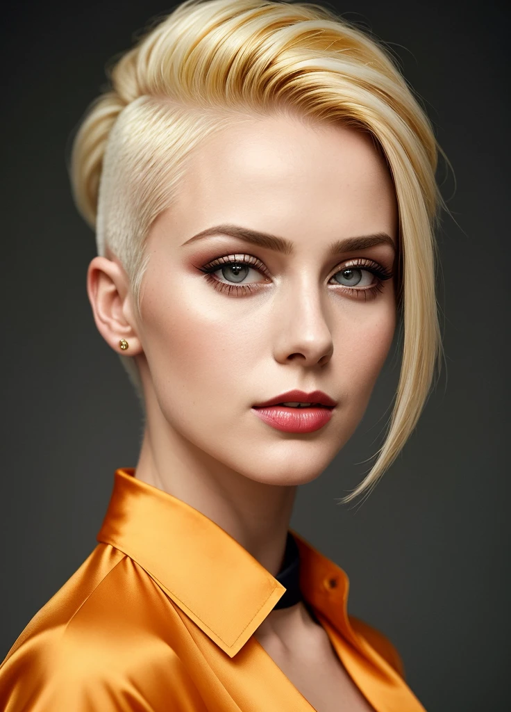 portrait of sks woman by Flora Borsi, style by Flora Borsi, bold, bright colours, blonde Mohawk haircut,wearing silk shirt, ((Flora Borsi)),