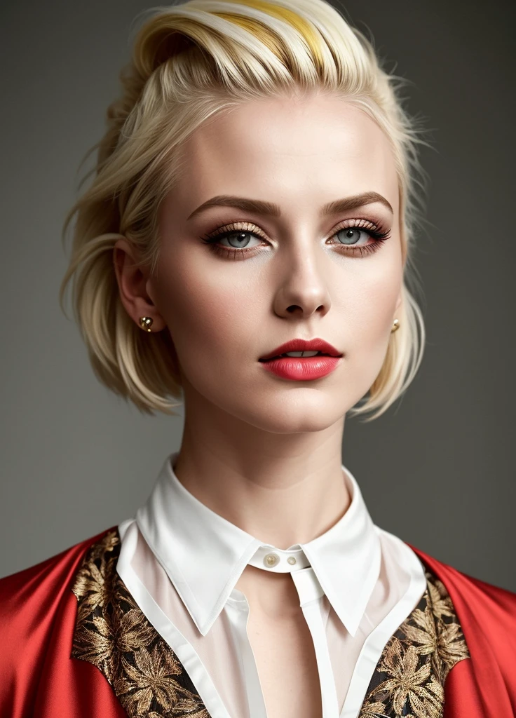 portrait of sks woman by Flora Borsi, style by Flora Borsi, bold, bright colours, blonde Mohawk haircut,wearing silk shirt, ((Flora Borsi)),
