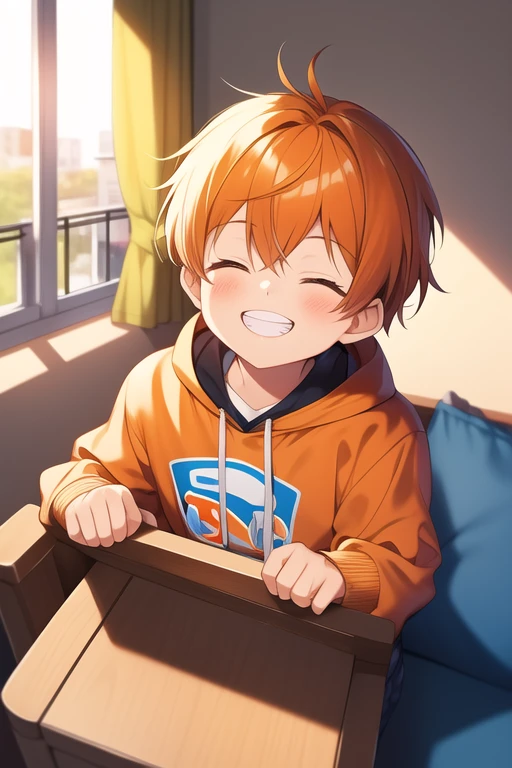 Masterpiece, Best Quality,1 toddler, Orange hair, short hair, smooth fur, soft and shiny hair, smile showing teeth, Closed eyes, , orange sweatshirt, photo of 4 front balcony., super cute, a single child, toddler, 10 year old boy, orange sweatshirt algo grande, hands hidden in the sleeves of the sweatshirt, Orange hair, toddler, male child, a single , , living room background