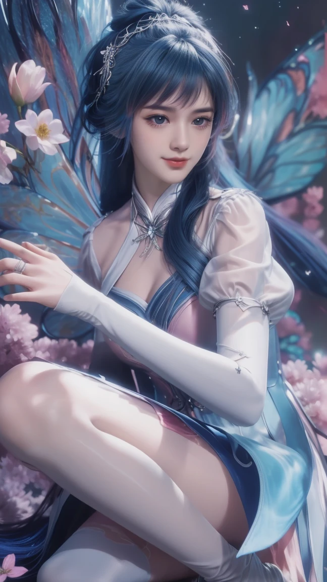 1girl, girl with long blue hair, smiling, cheerful, the girl wearing white long dress, girl is lie down among a wide expanse of flowers,girl posing gracefully , surrounded by beautiful flowers, Calm and peaceful atmosphere, night, moonlight , Beautiful glowing butterflies surround the girl lighting up the darkness of the night, magic,Romantic, the night breeze blows the Sepoi Sepoi girl's hair, 