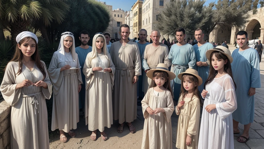 Create an ultra-realistic image of many people and angels in Israel, wearing tunic-style clothing, no hats, and draw the features of the men and women of that time.