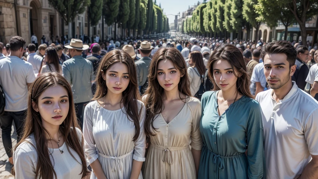 Create an ultra-realistic image of many people and angels in Israel, wearing tunic-style clothing, no hats, and draw the features of the men and women of that time.