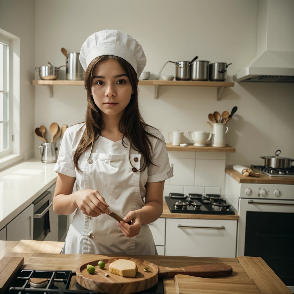a girl chef​ with Hat in the beautiful kitchen, 18mm Focus Wide Angle Lens, 4k