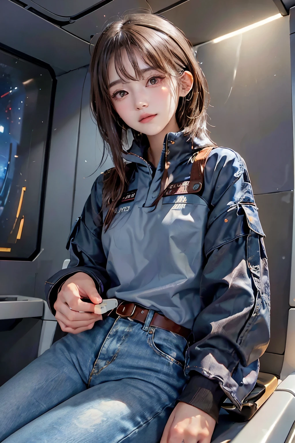 One beautiful woman。Dark brown hair。23 years old。Detailed drawing of faces。She is sitting at the controls of a small spaceship.。She is looking at the camera with a serious expression。He was wearing a jacket and blue jeans.。