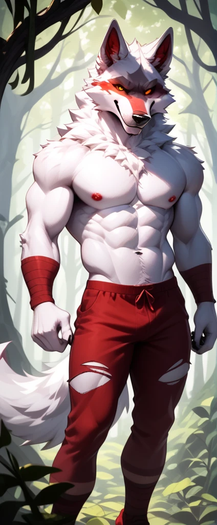 (ultra detailed), a seductive and provocative full size portrait of a lone wolf, ((wearing a smirk)), in a sexy and alluring pose. The wolf's thick fur is rendered in exquisite detail, with each strand individually textured and shaded. The wolf's piercing yellow eyes are full of mischief and desire, and are framed by long, flowing ears. The wolf's muscular body is shown in all its glory, with every muscle defined and ripped. The wolf wears nothing but a thin, red thong, which clings to its curves and leaves little to the imagination. The background is a dark, mysterious forest, with twisted trees and vines