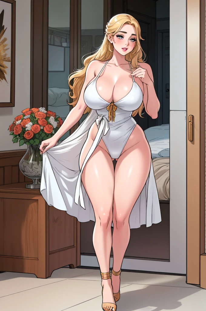 An extremely beautiful stunning busty woman, with gold blonde long silky hair, big blue eyes, extremely super bright snow white fair stunning flawless glowing lush shiny flawless white skin, a perfect tight hourglass figure, and a skinny waist, sexy thick smooth luscious legs and thighs, extremely cute smile on the face, bright pink blushes on cheeks, wearing a short sexy tight revealing white sexy bikini with threads, yellow heels, gold necklace on the neck, gold anklets on feet, gold chain on the waist, standing straight, holding a red roses bouquet, beach in the background, show full body from head to feet.
