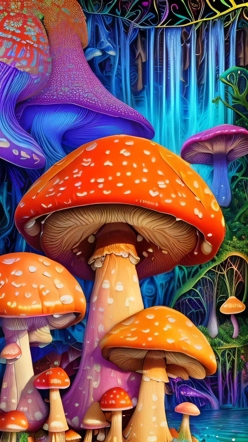 ((surrealism style)), (colorful magical mushrooms energy flowing through the air, repeating fractal patterns, trippy:1.5), (rickety wooden building:1.1), (by a vast water fall in the dense jungle:1.3),, ((best quality)), ((masterpiece)), ((ultra realistic)), beautiful intricately detailed soft oil painting,