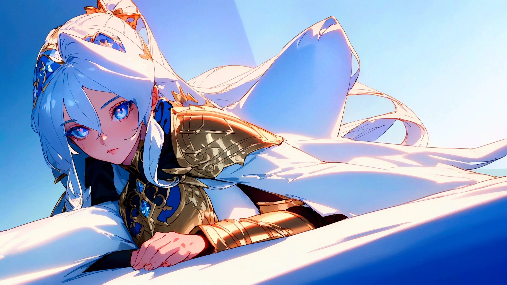 (1girl, Masterpiece, best quality) (detailed and beautiful eyes:1.6) (perfect hands, perfect anatomy) (full body)) Fierce warrior girl with long white hair in a high ponytail and striking red eyes. She wears sleek, modern armor in blue and black with gold and silver details, and a white, high-collared cape with blue and gold accents. She holds a long spear in her right hand and points forward with her left hand. The background should be an icy landscape with crystalline formations and a cold, blue sky, reflecting light off the ice for a mystical atmosphere. Capture her determined and focused expression, conveying a sense of readiness and strength.