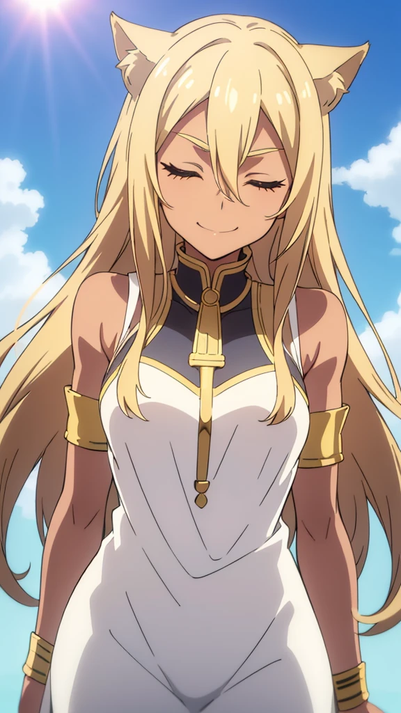 (1girl ,solo,20s,mature female),blonde hair,long hair,cat ears,closed eyes,(((dark skin))),(Egypt, blue sky, sun),white egypt oufit,bare shoulders,looking at view,smile,serious