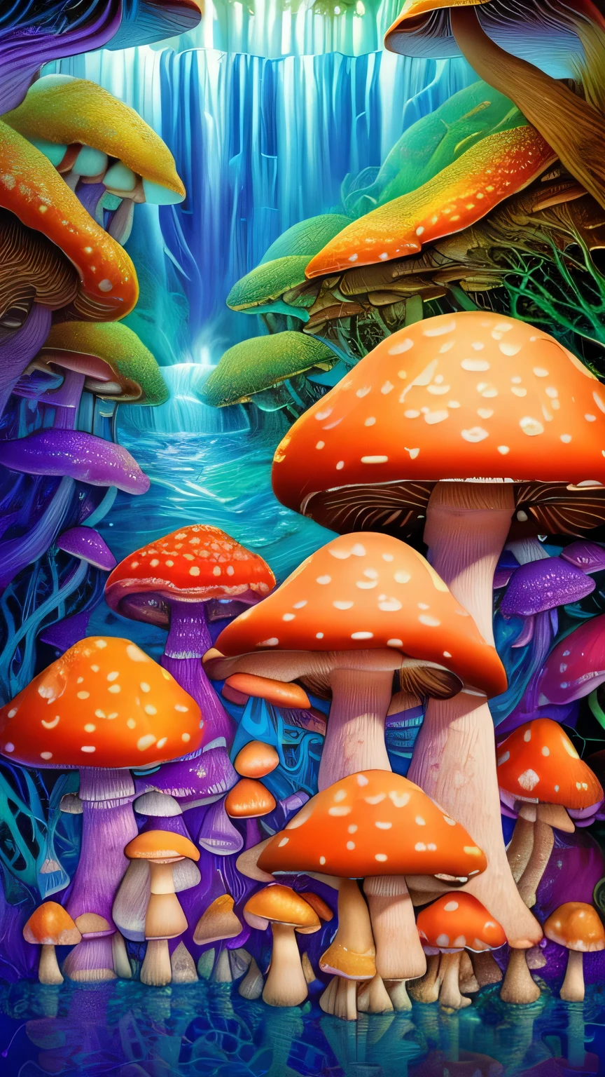 ((surrealism style)), (colorful magical mushrooms energy flowing through the air, repeating fractal patterns, trippy:1.5), (rickety wooden building:1.1), (by a vast water fall in the dense jungle:1.3),, ((best quality)), ((masterpiece)), ((ultra realistic)), beautiful intricately detailed soft oil painting,