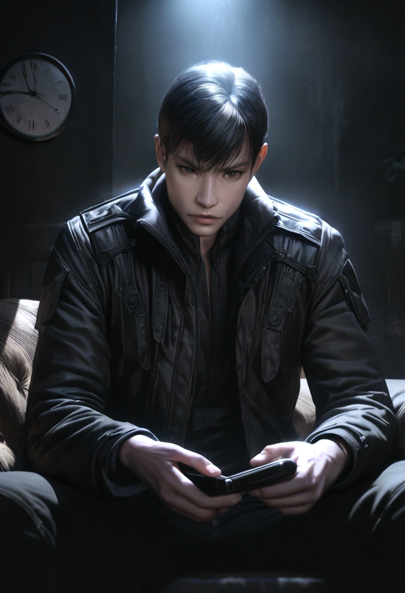 a man Iuri wearing a black tactical jacket, sitting and looking at a wall clock, in the dark living room of his home, with a serious expression looking at his phone, cinematic lighting, dark moody atmosphere, intricate details, hyperrealistic, 8k, photorealistic, dramatic lighting, chiaroscuro, high contrast, dramatic lighting, moody, dark shadows, sharp focus, ultra-detailed, hyper-realistic, dramatic lighting, dark and moody atmosphere, dramatic tone, photorealistic, high quality, detailed environment, intricate details, cinematic, realistic, sharp focus, dramatic lighting, dark moody atmosphere