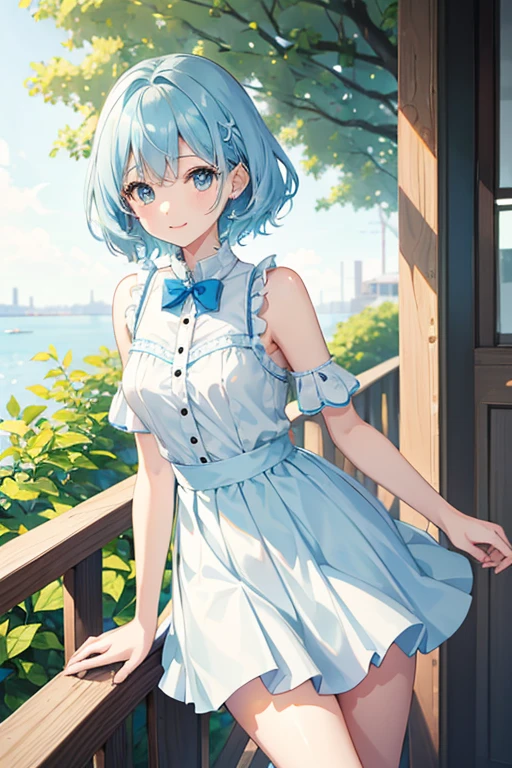 Super delicate light blue hair cute girl、A 、8k ultra high definition, Delicate texture, short hair、Light blue and white mini skirt、Summer Park、daytime、Friendly Smile、looking into camera