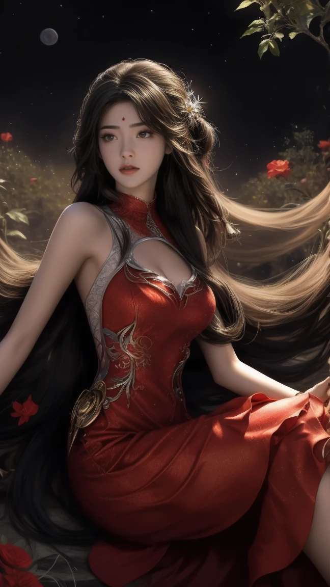 1girl, girl with long black hair, smiling, cheerful, the girl wearing red long dress, girl is lie down among a wide expanse of flowers,girl posing gracefully , surrounded by beautiful flowers, Calm and peaceful atmosphere, night, moonlight , Beautiful glowing butterflies surround the girl lighting up the darkness of the night, magic,Romantic, the night breeze blows the Sepoi Sepoi girl's hair, 