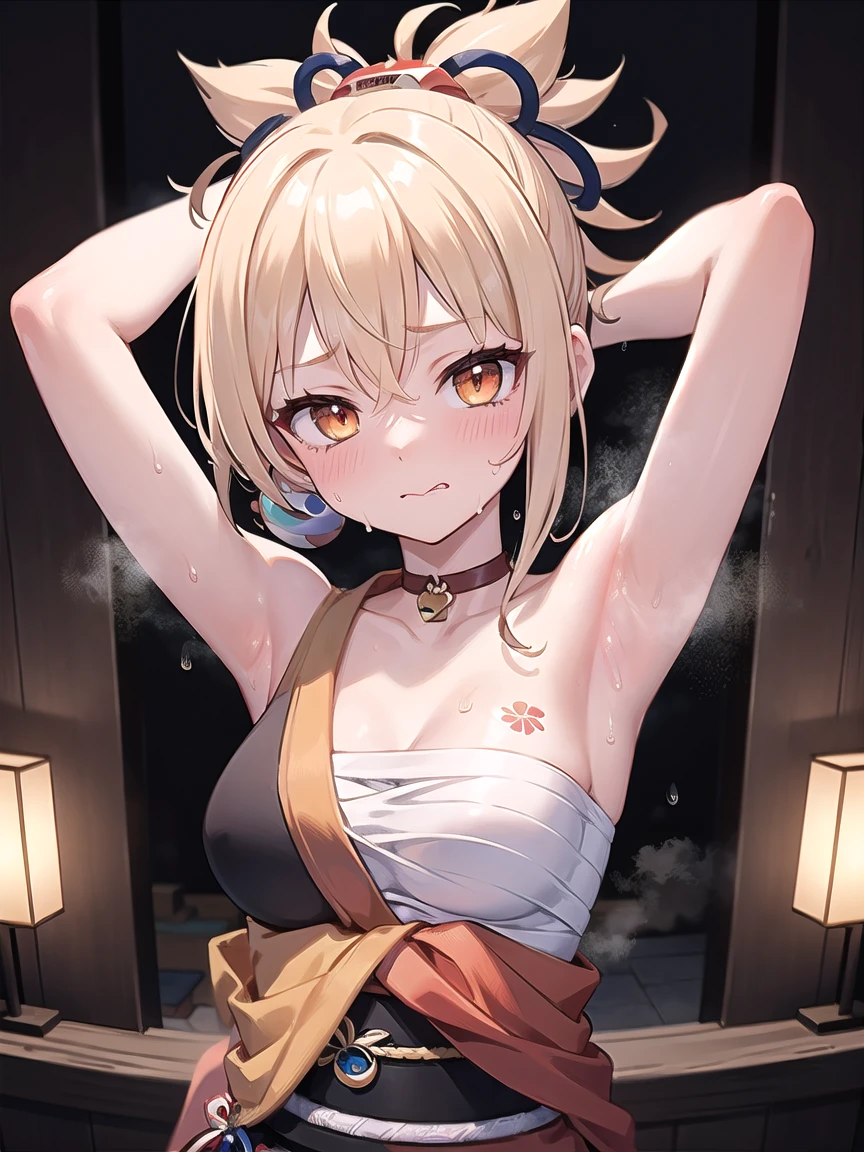 ((masterpiece, best quality)), high resolution,ultra detailed,8k,16k,detailed background, perfect lighting,detailed beautiful eyes, 1girl,solo,embarrassed,blush,in heat,look at viewer,face focus,(steam,sweat,from front,upper body:1.2),provocative eyes,wavy mouth,fisheye lens,(show off armpits,arms up:1.3),
,slender,pale skin,medium breast,yoimiyadef
yoimiyarnd,blond hair,orange eyes,ponytail,hair ornament,(anime style,colorful),japan style town