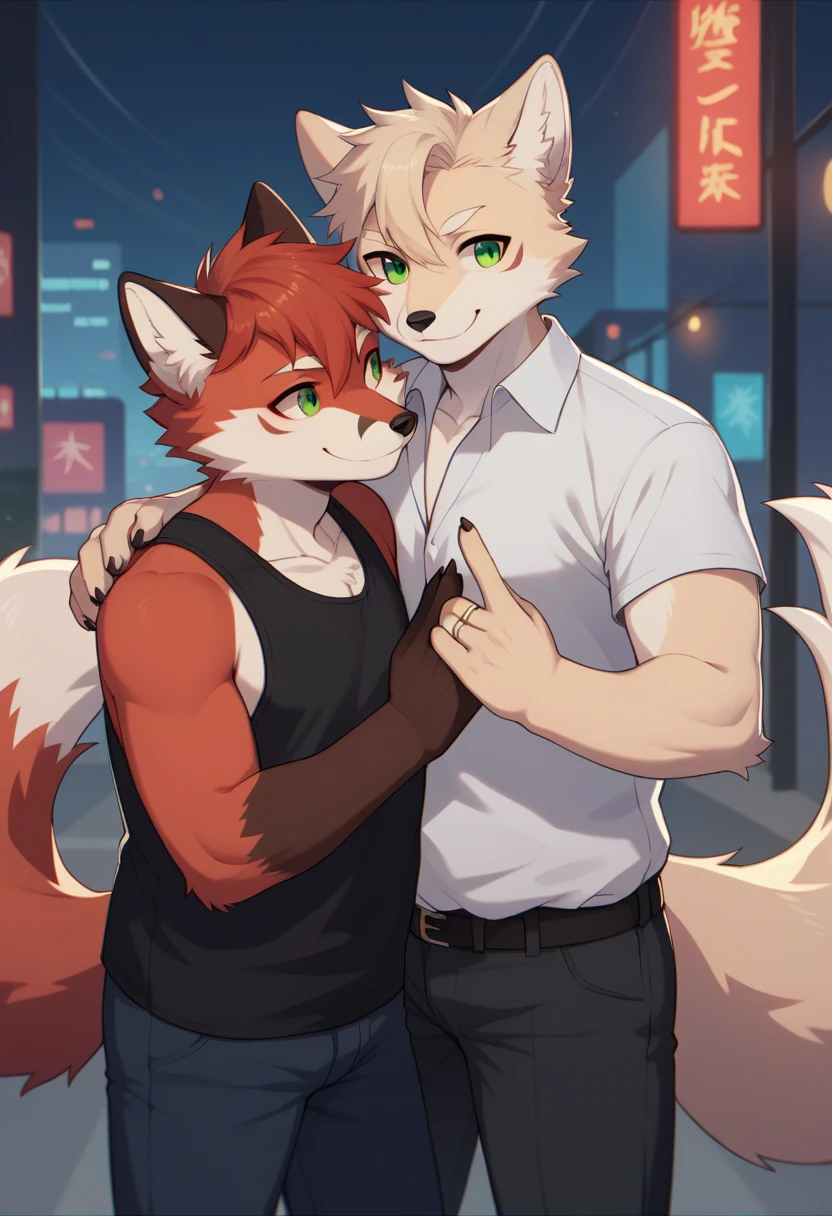 (by hioshiru and kenket and dimwitdog, michael amp inessa garmash, ruan jia, pino daeni, chunie), arctic fox, anthro, very chubby,green eyes, hair, fluffy tail , male , city background ,bedroom ,black royal clothes , king, standing, smiling, ring on finger, hugging, red fox