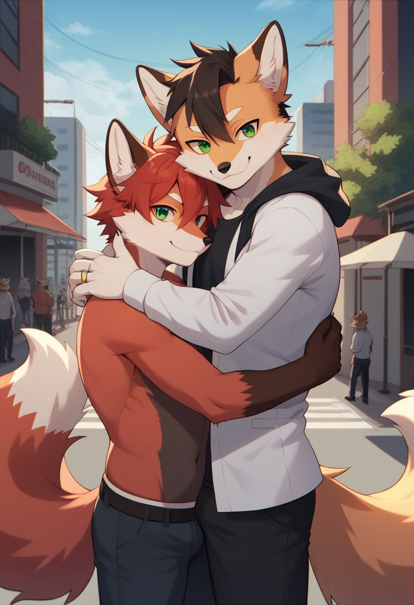 (by hioshiru and kenket and dimwitdog, michael amp inessa garmash, ruan jia, pino daeni, chunie), arctic fox, anthro, very chubby,green eyes, hair, fluffy tail , male , city background ,bedroom ,black royal clothes , king, standing, smiling, ring on finger, hugging, red fox